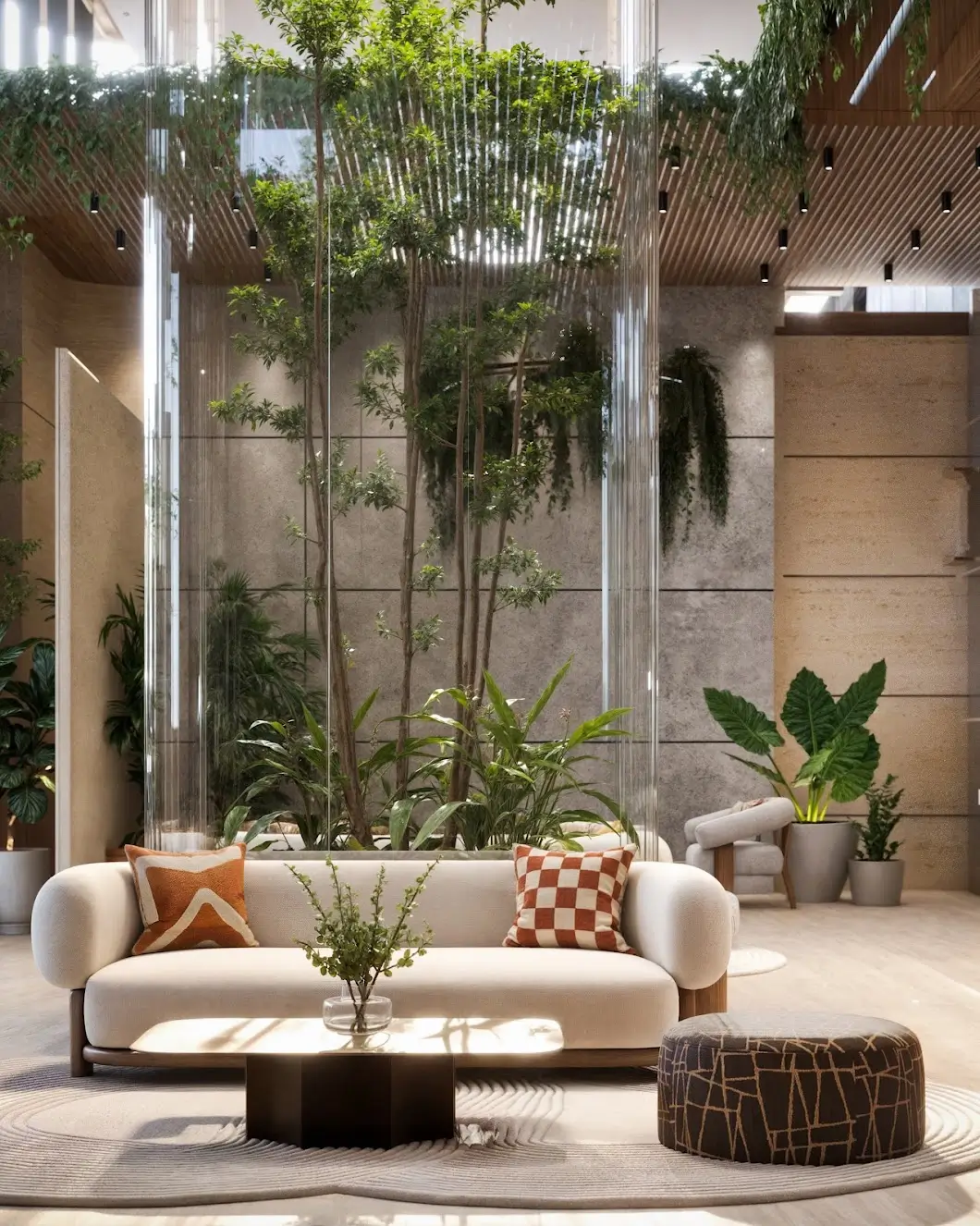 Grand lobby atrium with sofa, lush indoor trees