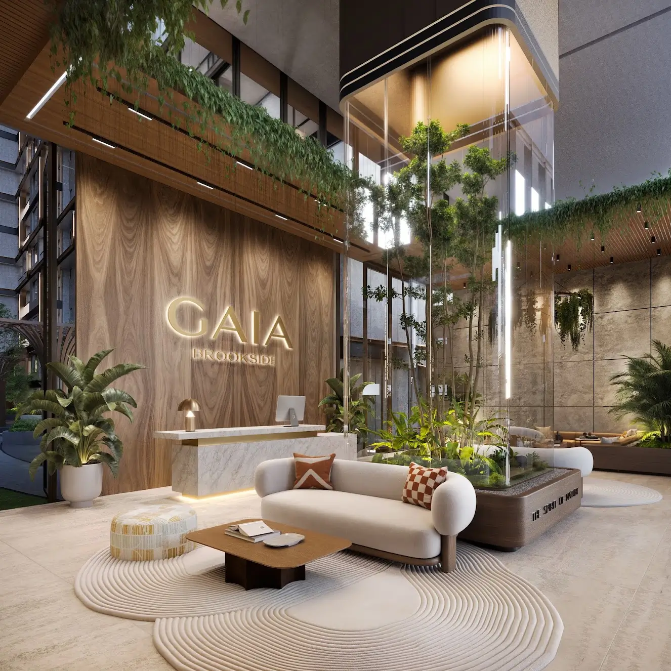 Luxury Gaia Brookside building reception with biophilic design