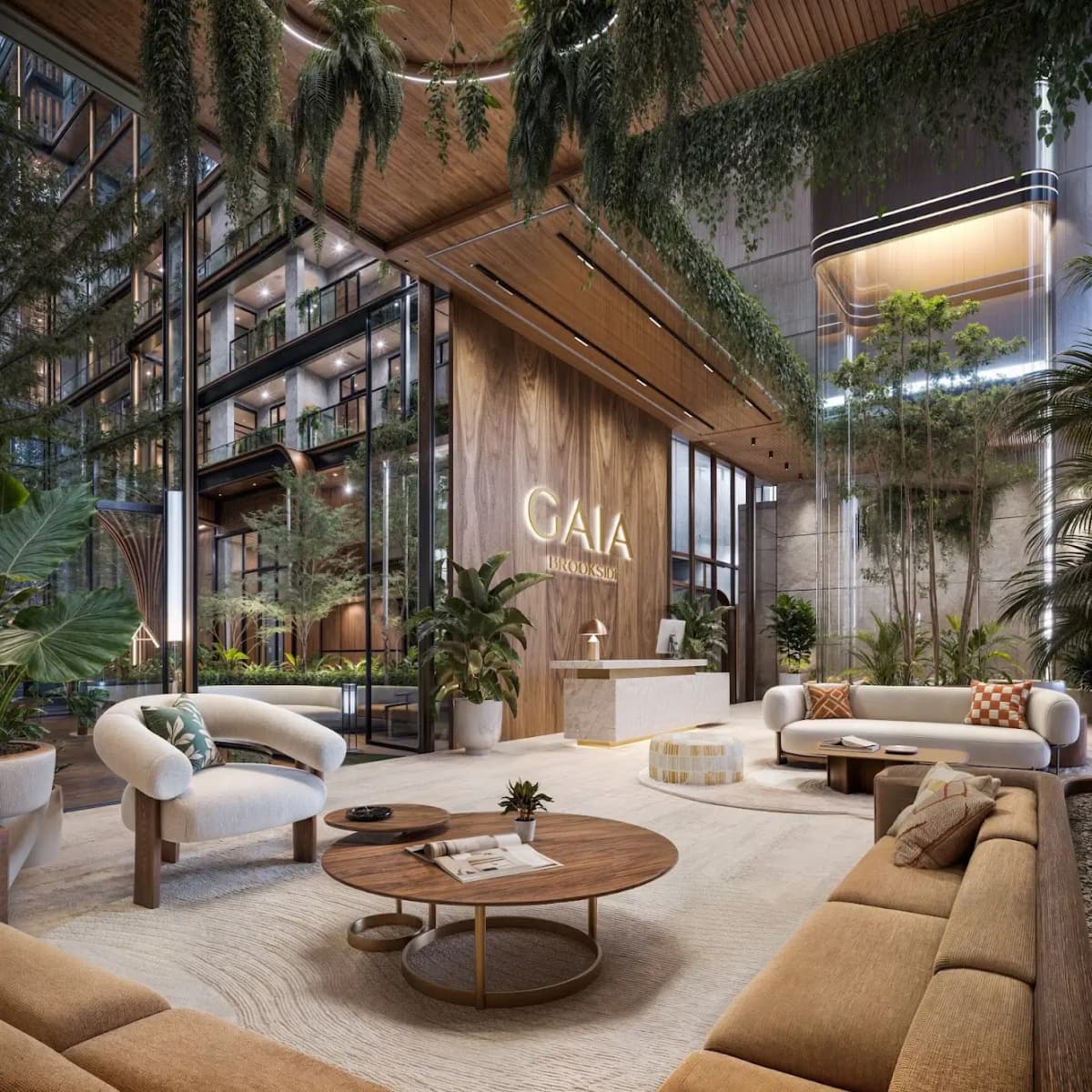 Lush biophilic building lobby with reception desk and seating