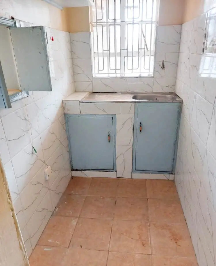 Compact kitchen with blue cabinets and marble tile backsplash