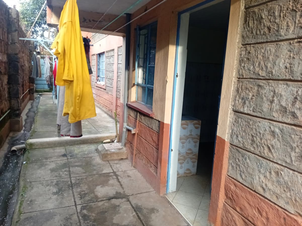 Narrow compound alleyway with clothesline and brick building entrance