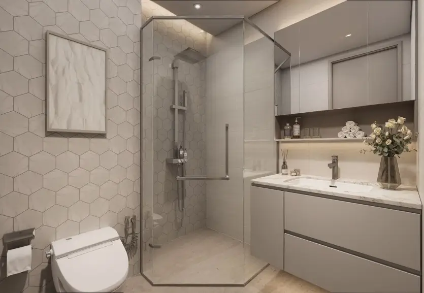 Modern en-suite with hexagonal tiles and glass shower