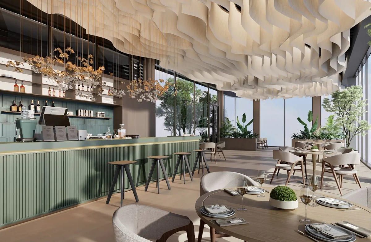 Upscale restaurant bar with sculptural ceiling and bar counter