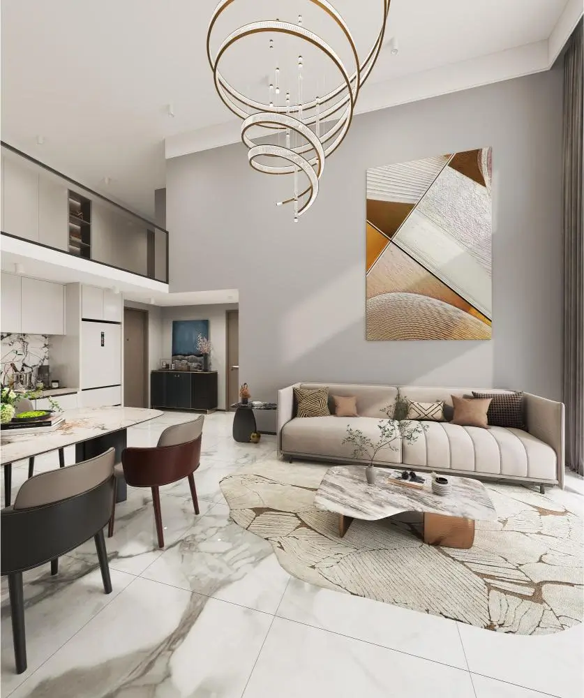 Luxury duplex living room with spiral chandelier and marble floors
