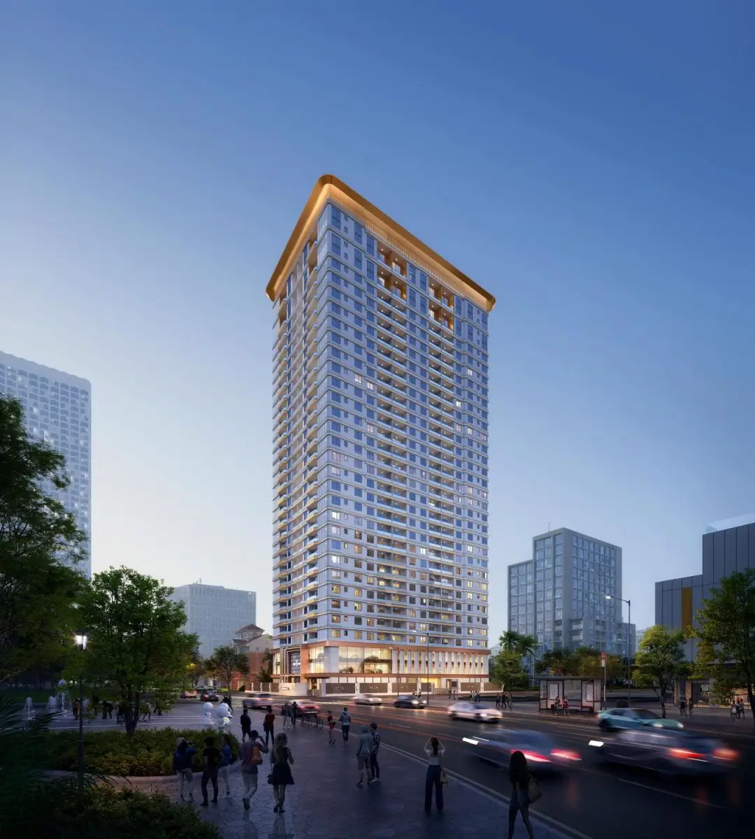 Tall modern high-rise tower at dusk, street view