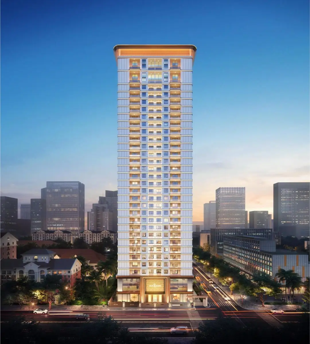 Tall modern high-rise tower at dusk, city backdrop