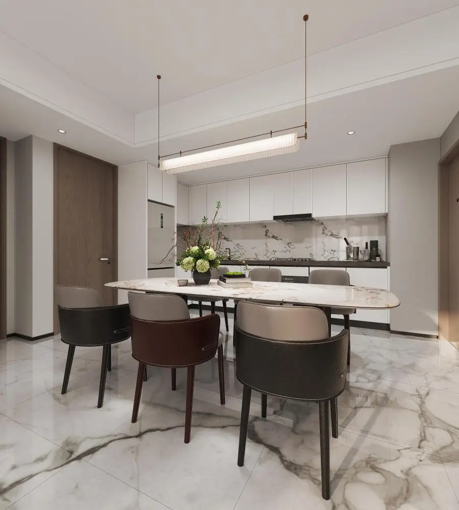 Elegant marble dining table with mixed leather chairs