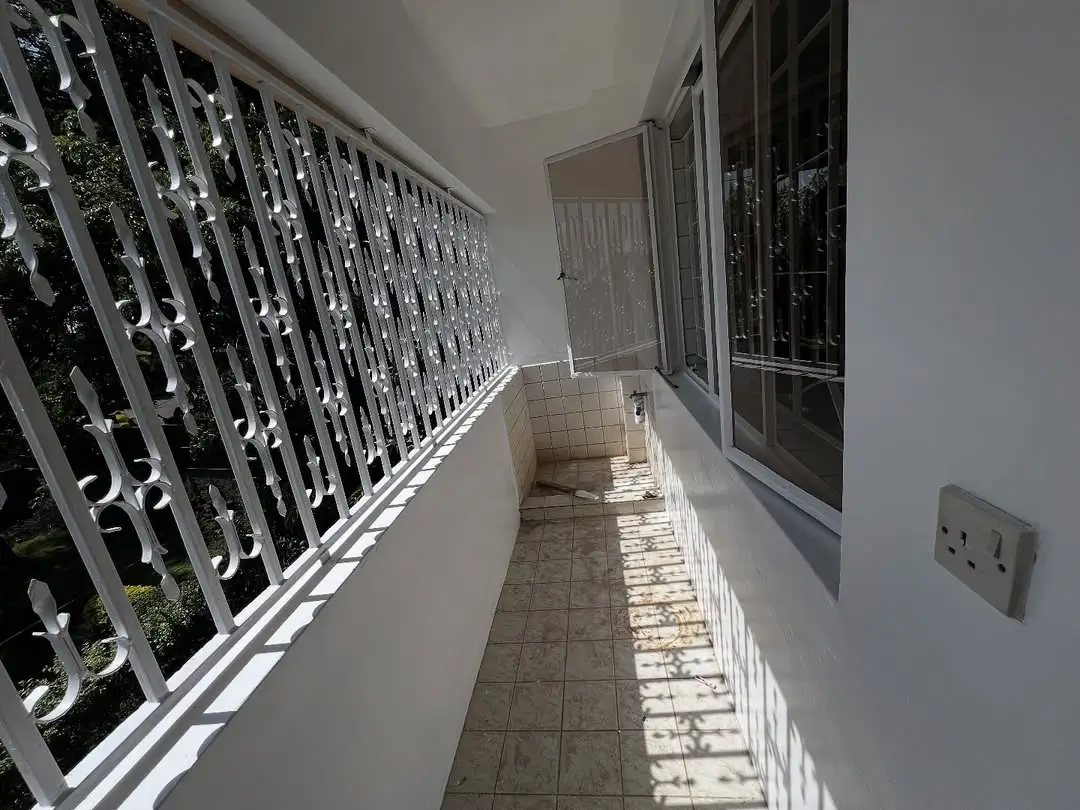 Narrow balcony with decorative white railing and potted plants