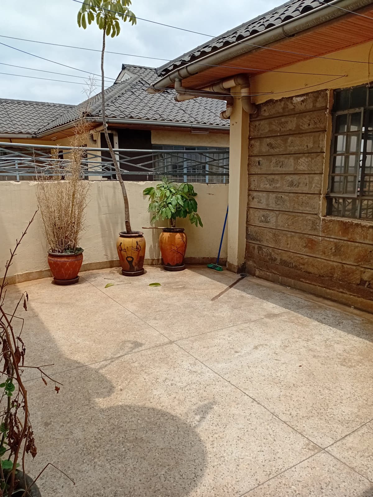 Paved terrace with potted plants and wooden pergola