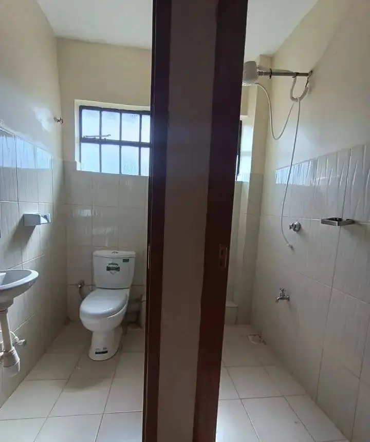 Bathroom with toilet, sink, and shower area with window
