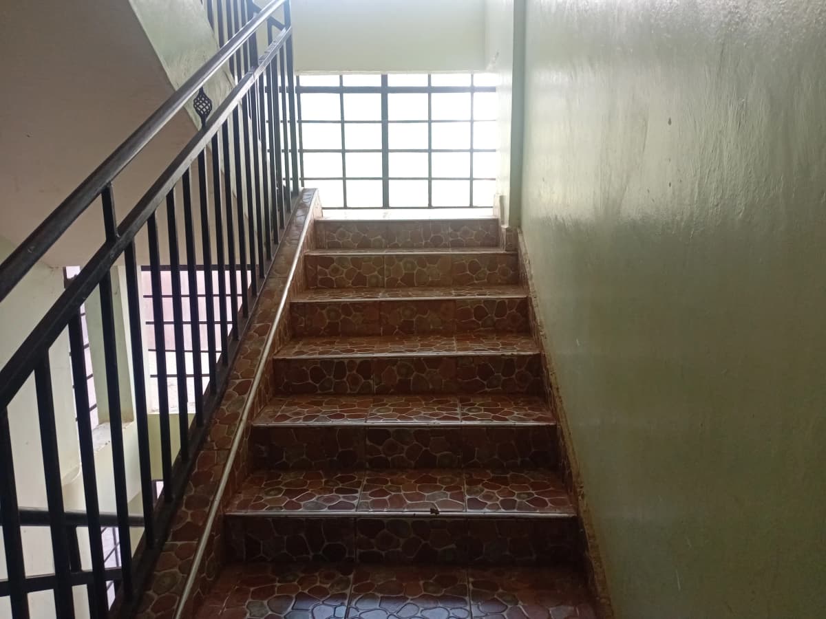 Internal stairwell with metal railing and natural light