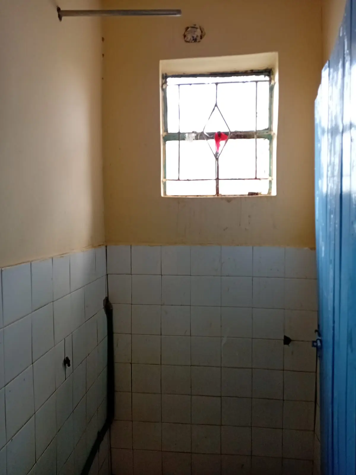 Tiled bathroom with window and decorative heart ornament