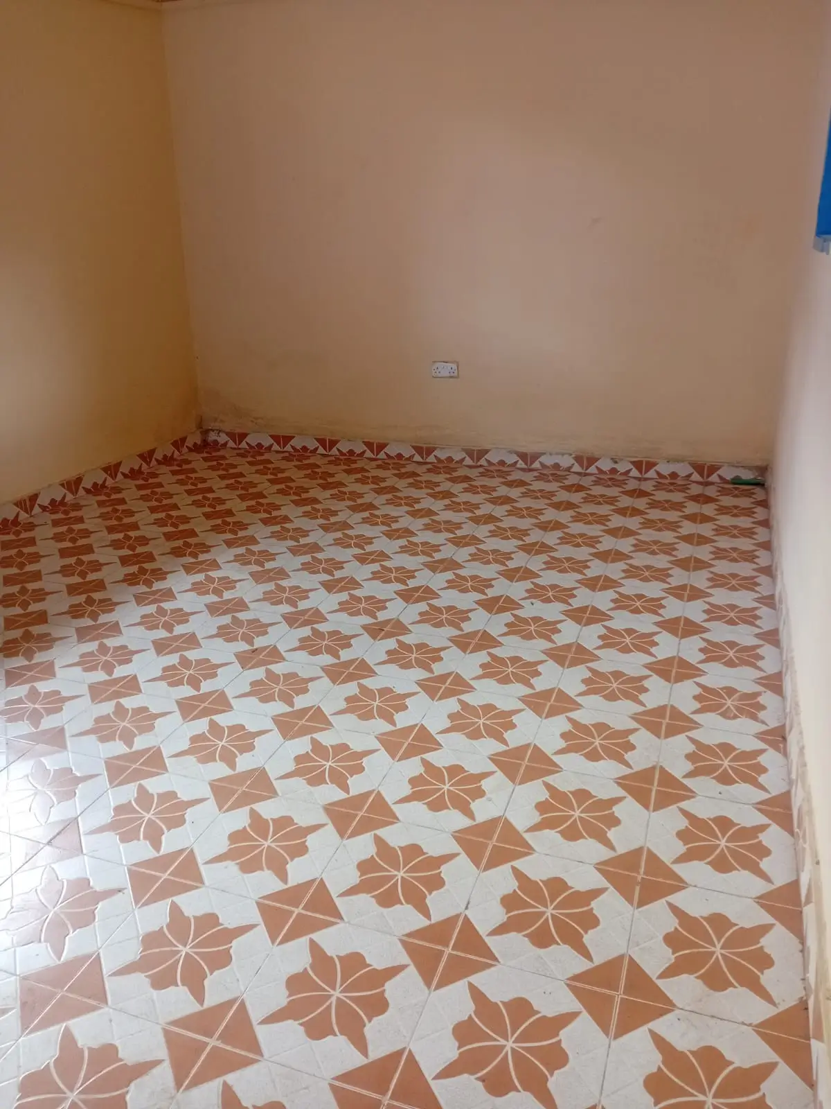 Empty bedroom with terracotta patterned tile flooring