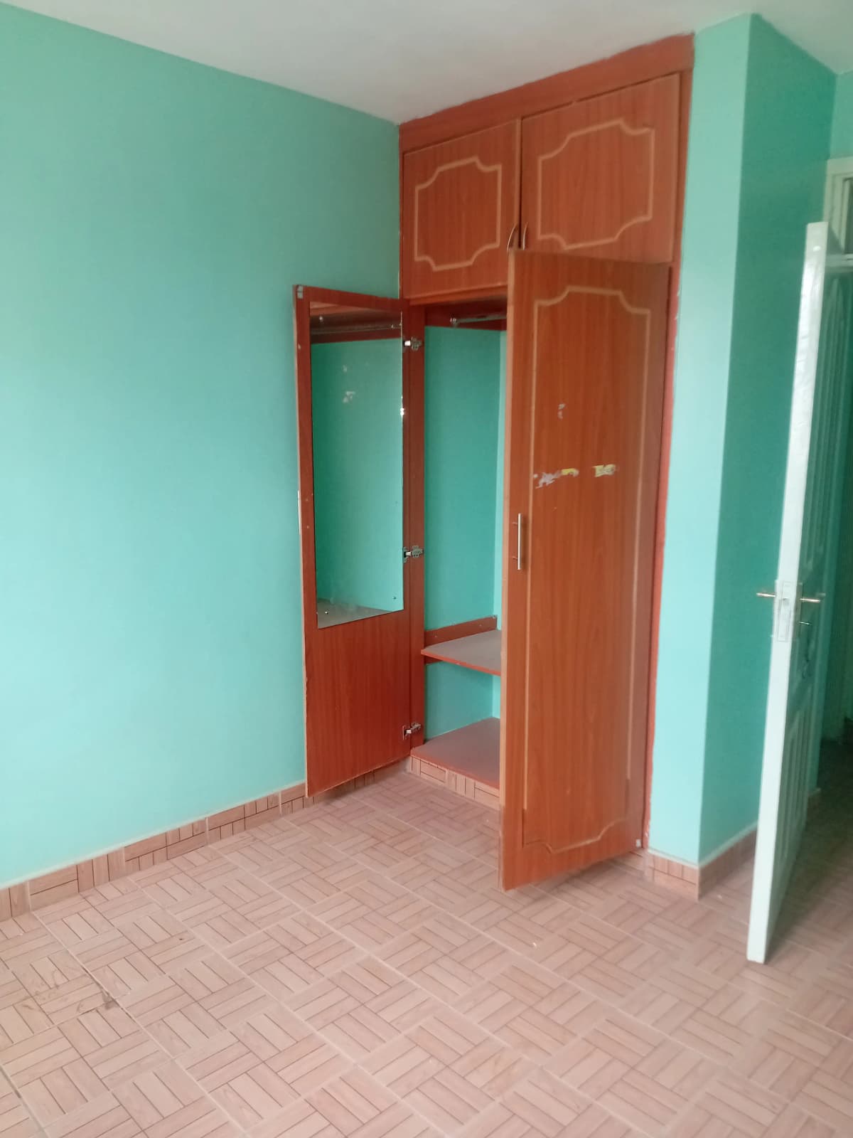 Unfurnished bedroom with turquoise walls and red wardrobe