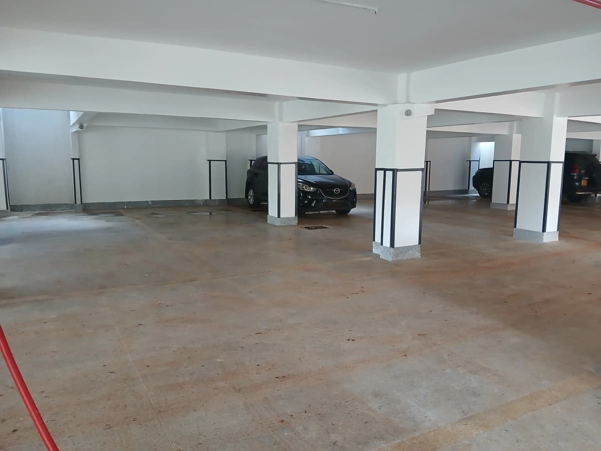Underground parking garage with support columns and vehicle