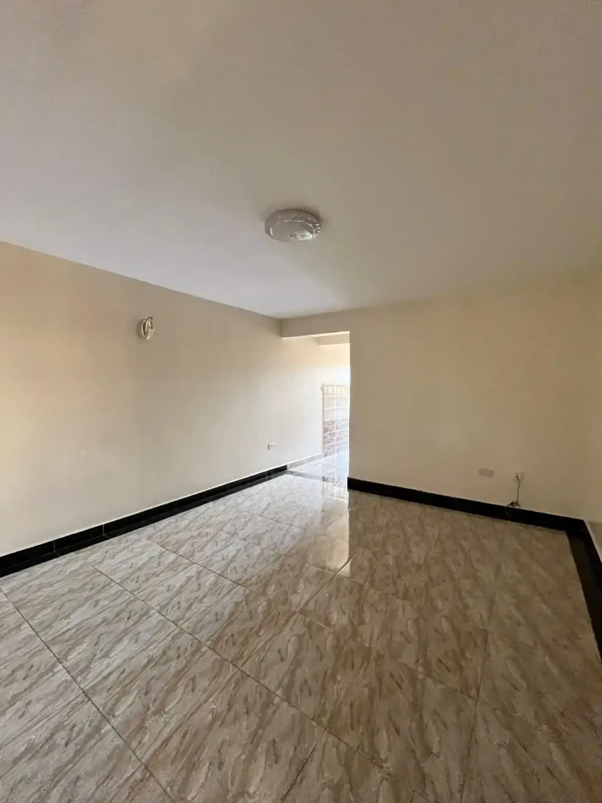 Empty living space with wood-effect flooring and accent wall