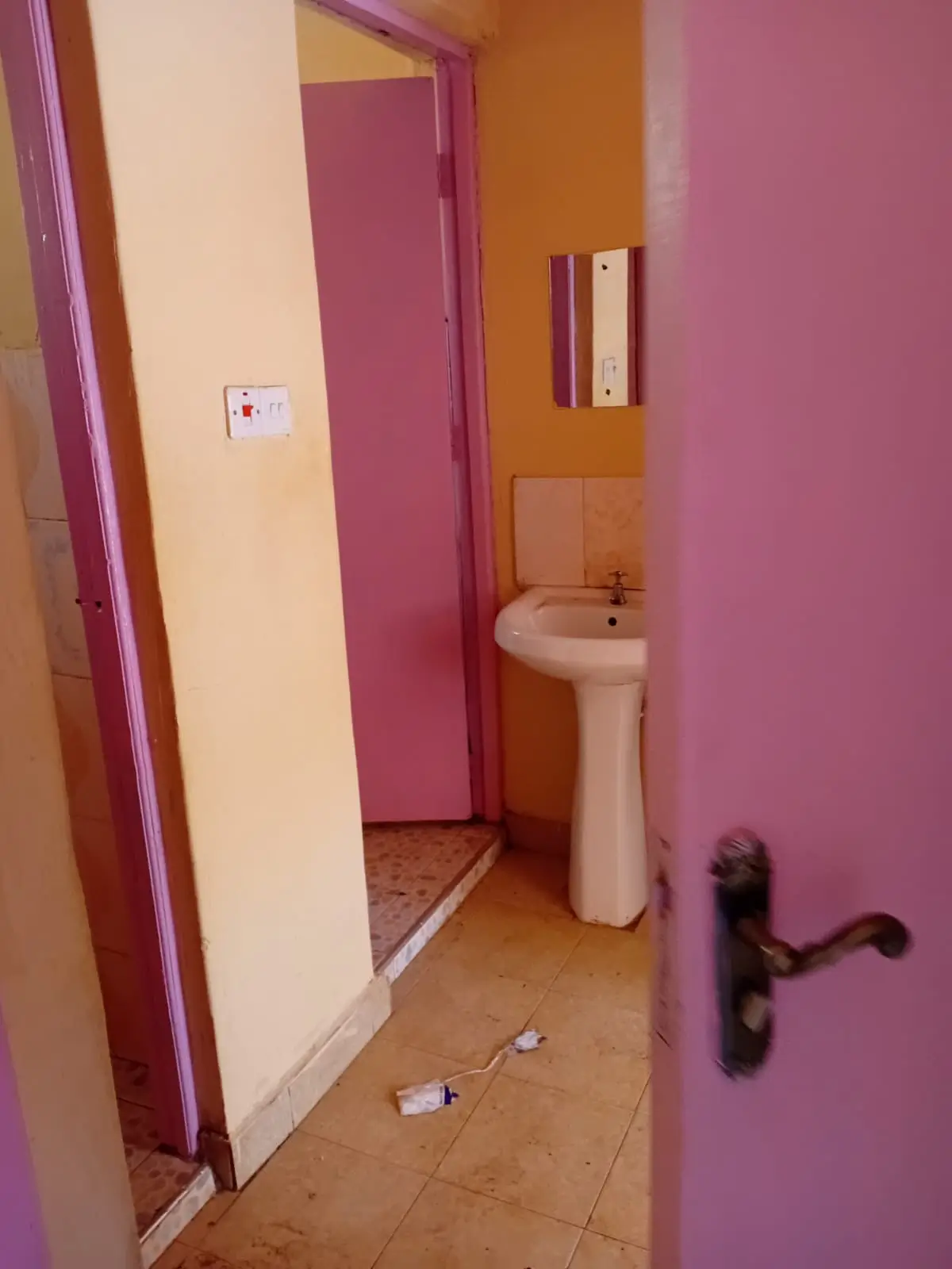 Small bathroom with pedestal sink and shower enclosure