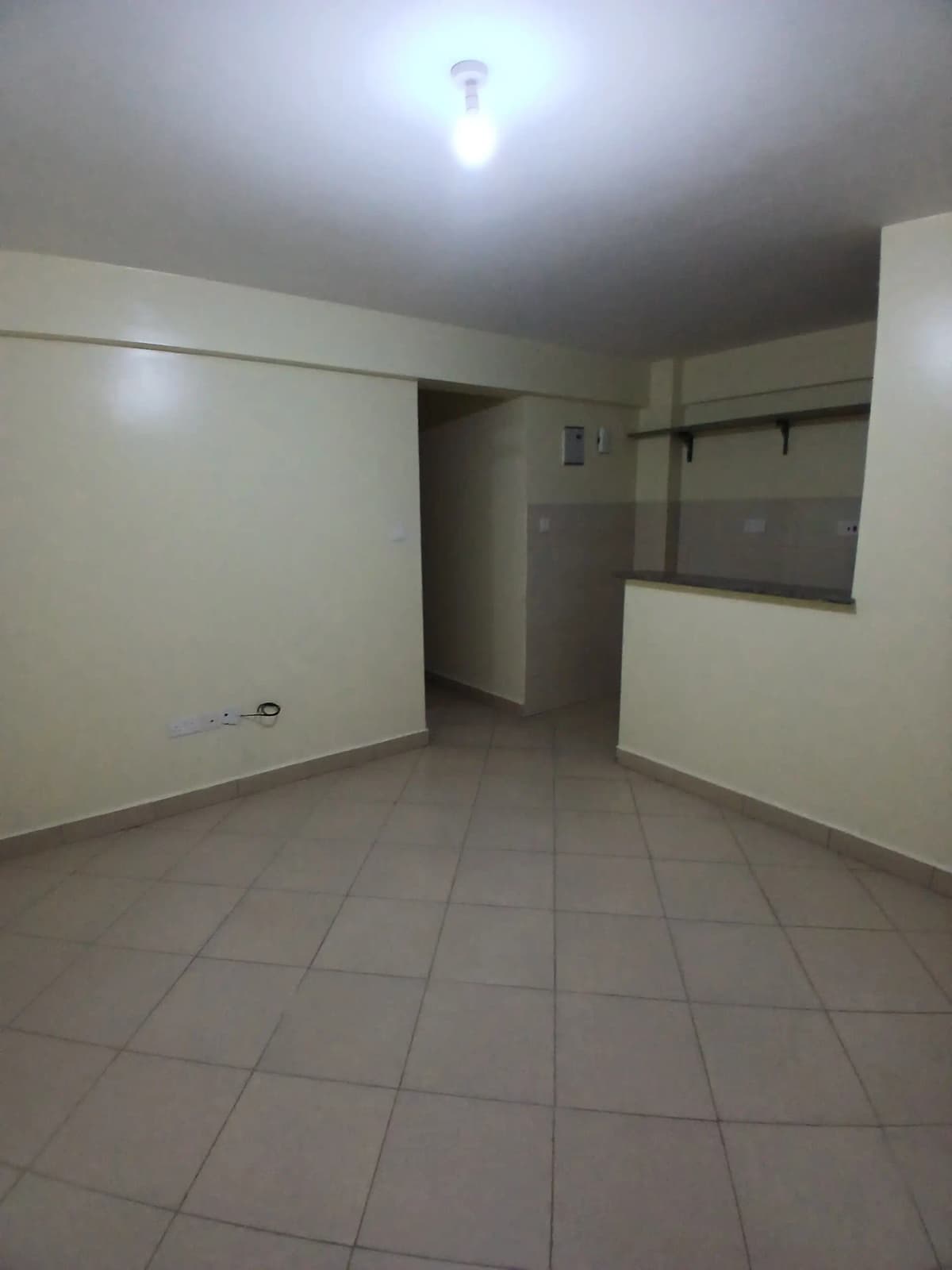 Empty living room with tiled flooring and plain walls