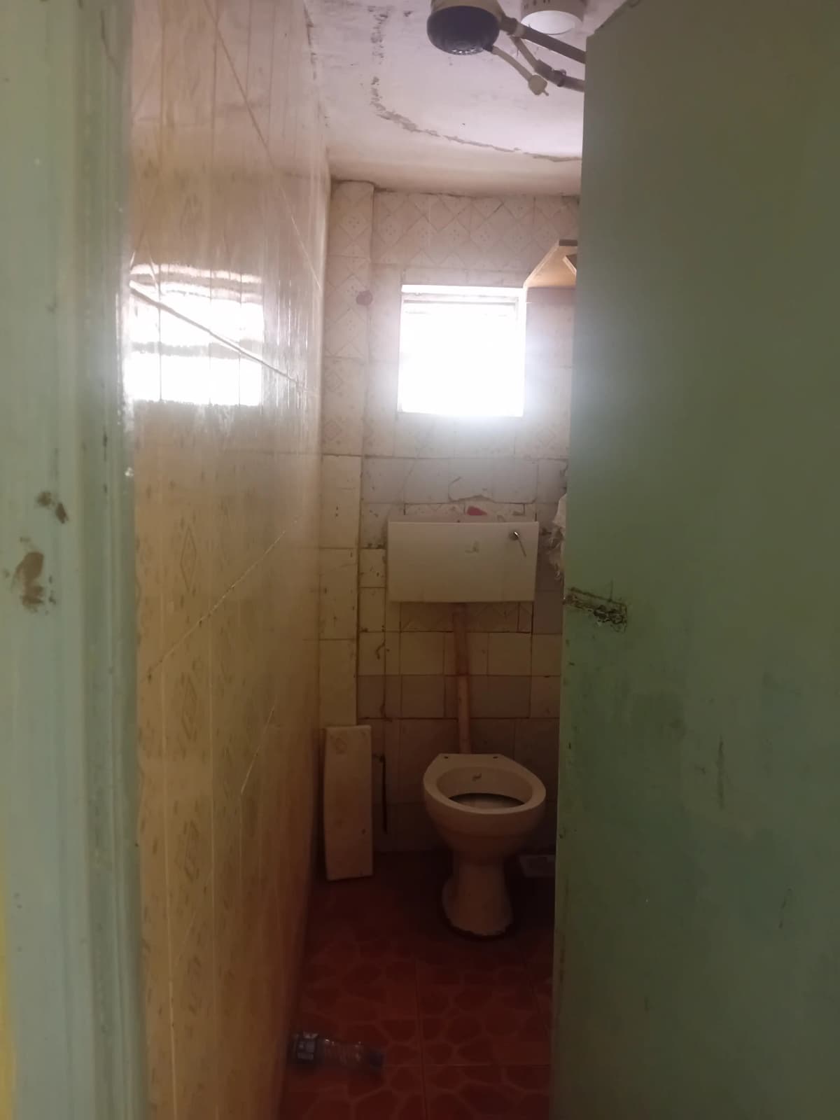 Narrow bathroom with toilet, natural light from high window
