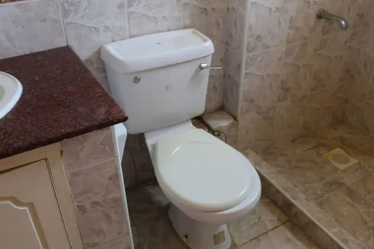 Modern bathroom with white toilet and marble-tiled walls