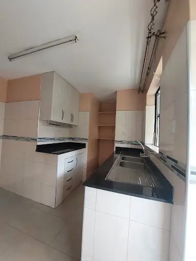 Modern kitchen with white cabinetry and black granite countertops