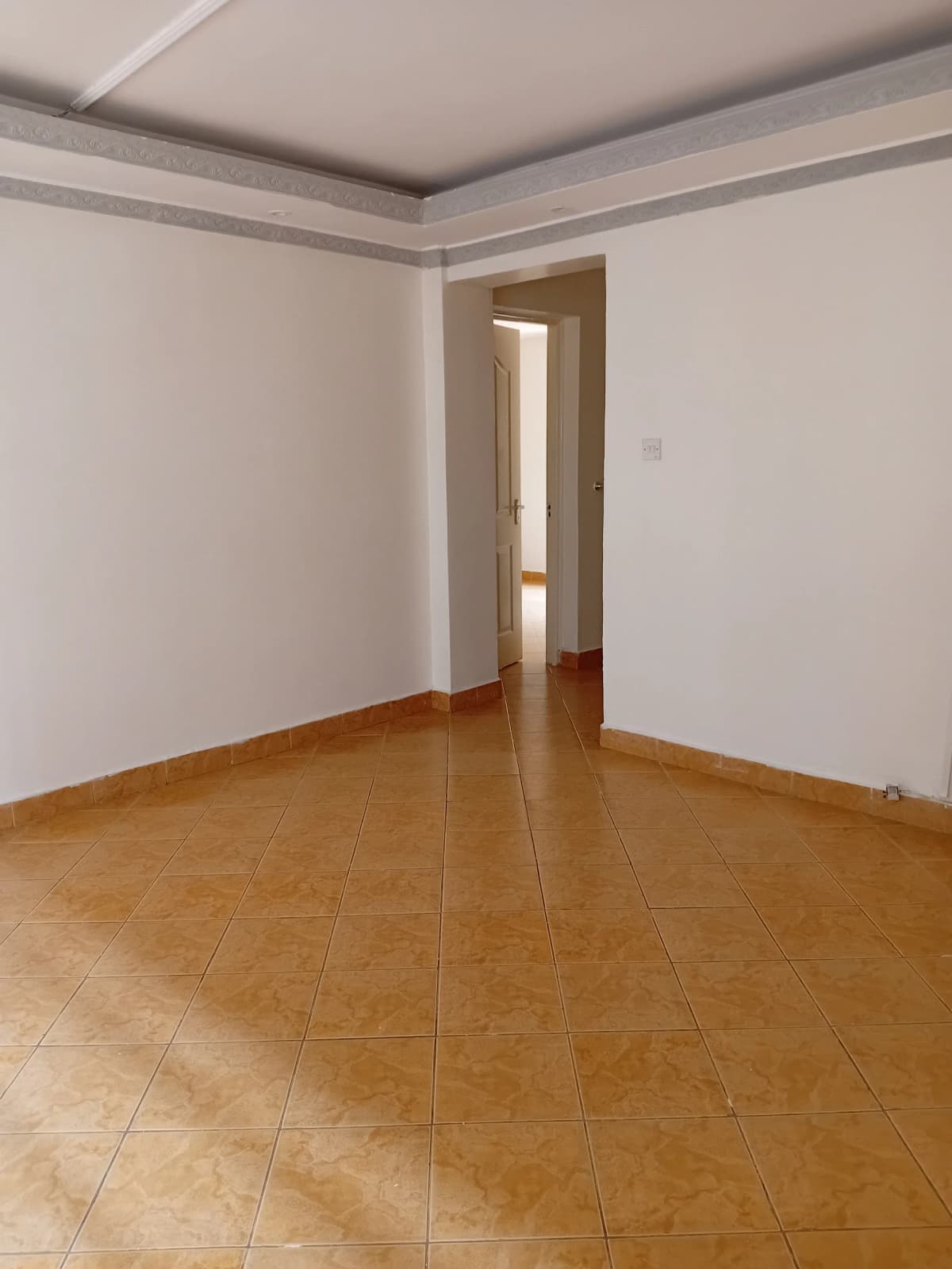 Empty bedroom with terracotta tile flooring and modern ceiling