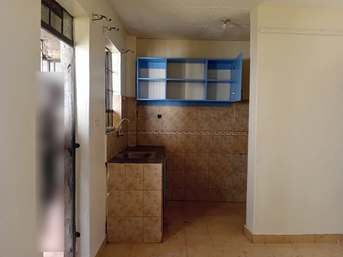 Compact kitchen with blue wall cabinets and brown tile backsplash