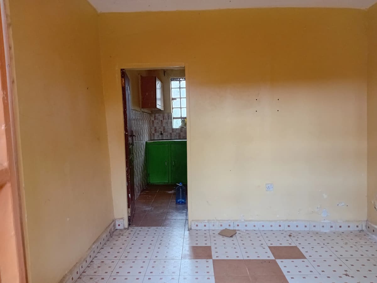 Empty living room with terracotta walls and patterned tile flooring
