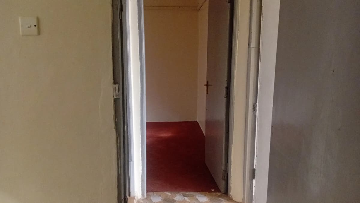 Narrow hallway with white frame doors and red flooring