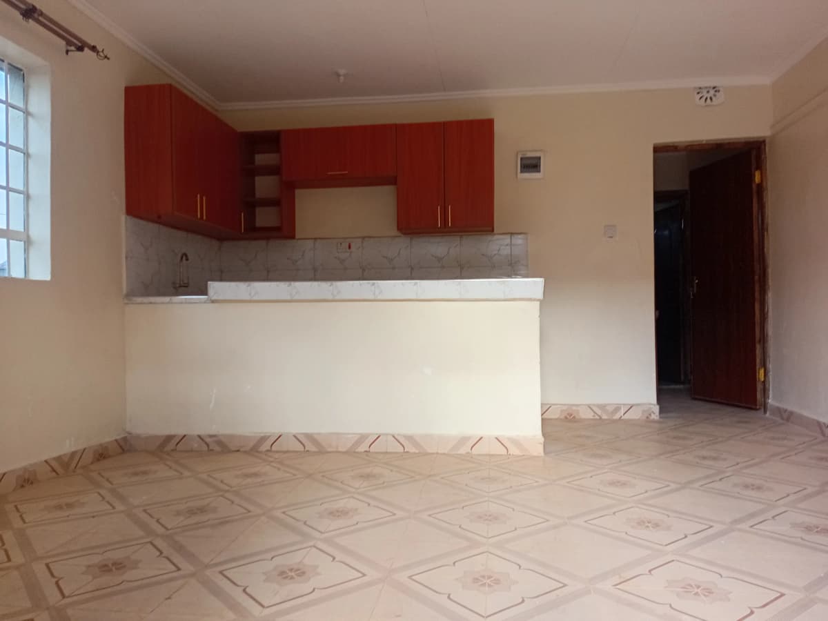 Open-plan living space with red kitchen cabinets and counter.