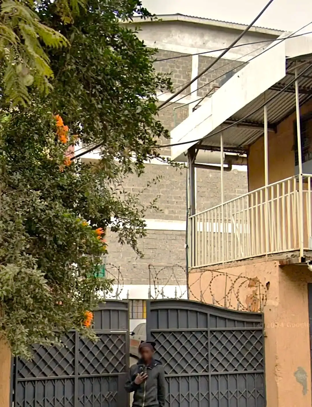 Property facade with metal gate, veranda, and ivy-covered walls