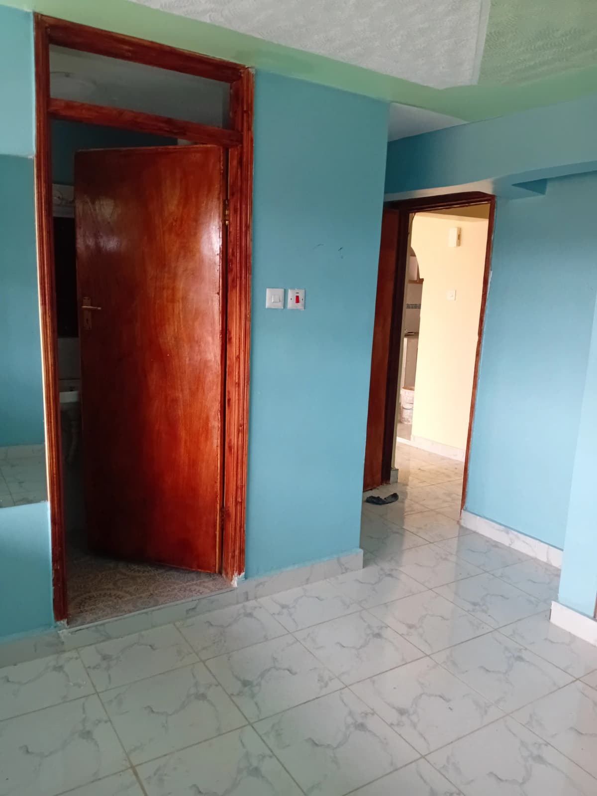 Bright hallway with turquoise walls and red door entrance
