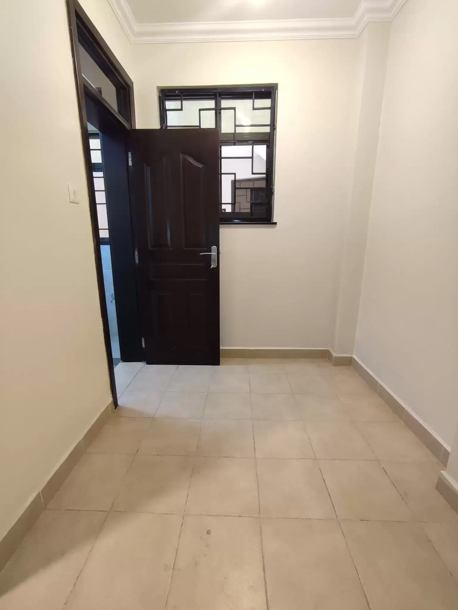 Bright entrance hallway with dark door and geometric window
