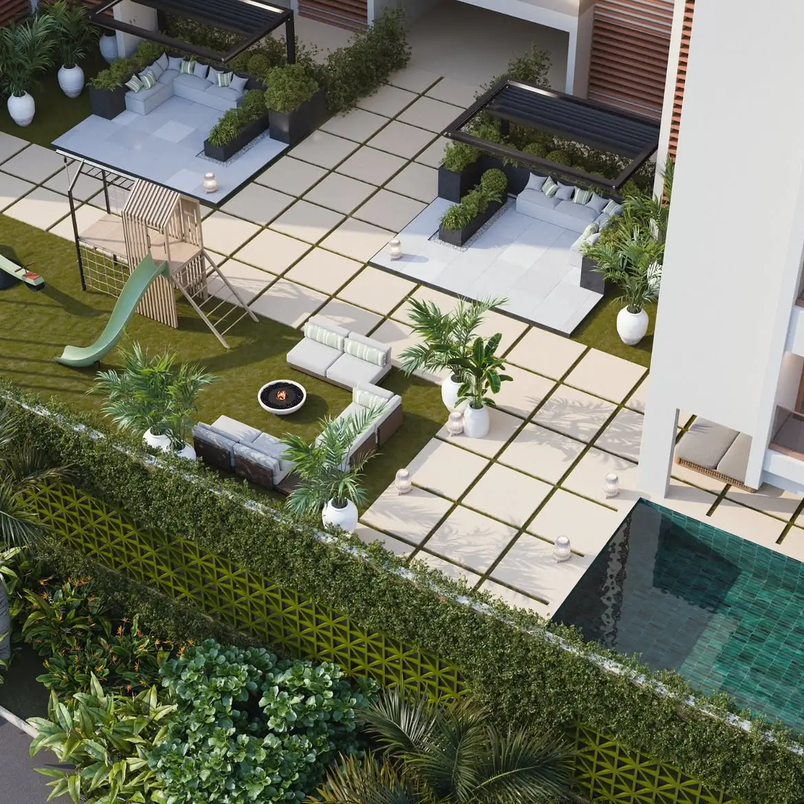 Aerial CGI render of landscaped courtyard with pool