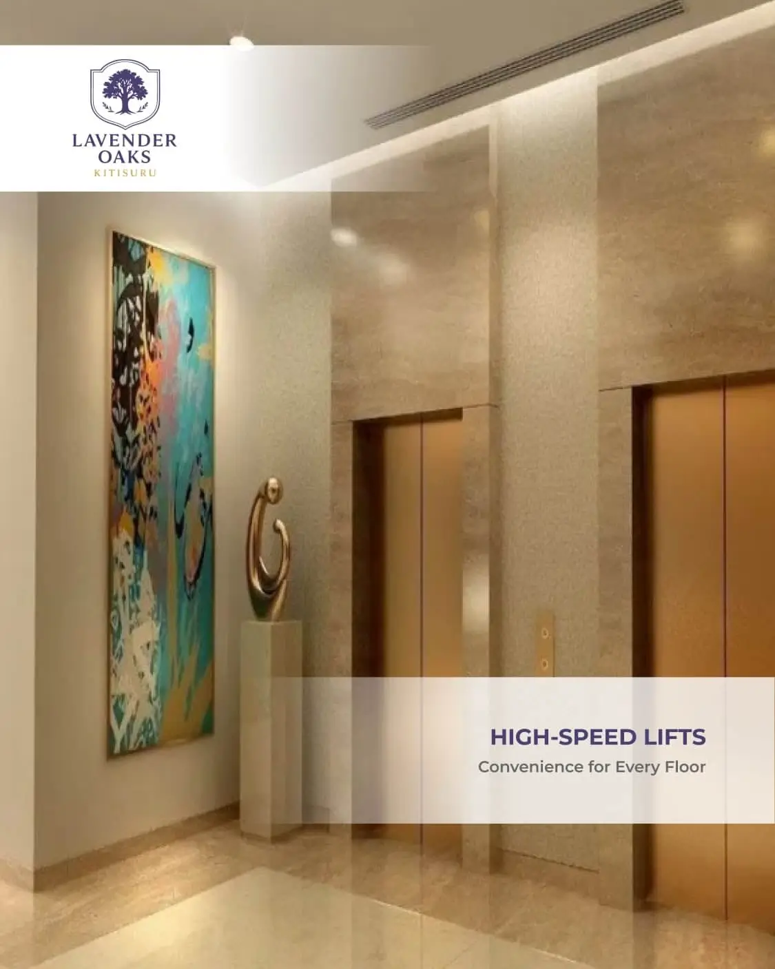 Elegant lift lobby with gold elevator doors and artwork