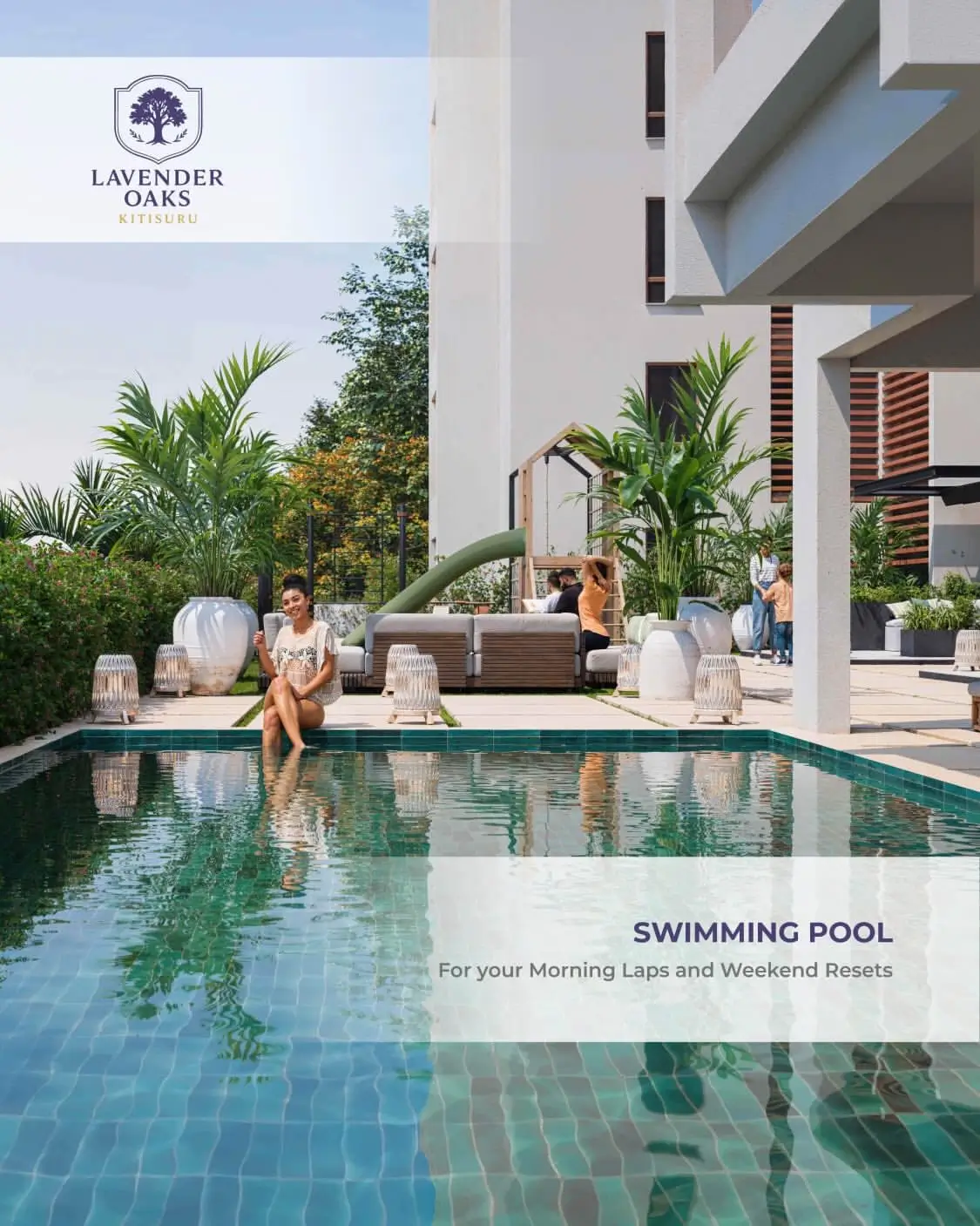 Outdoor swimming pool with lush landscaping and lounge seating