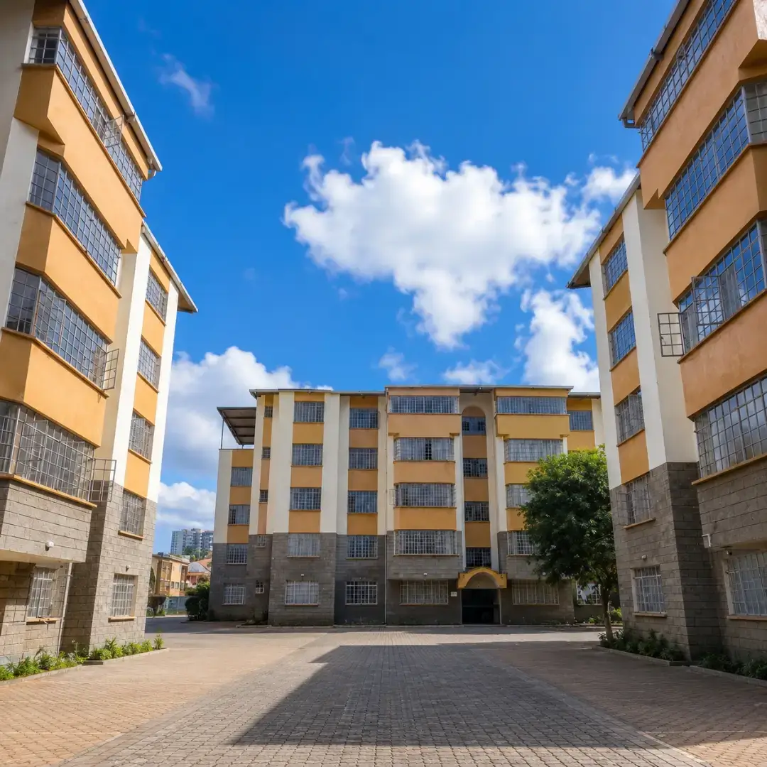Yellow multi-storey apartment block with paved courtyard