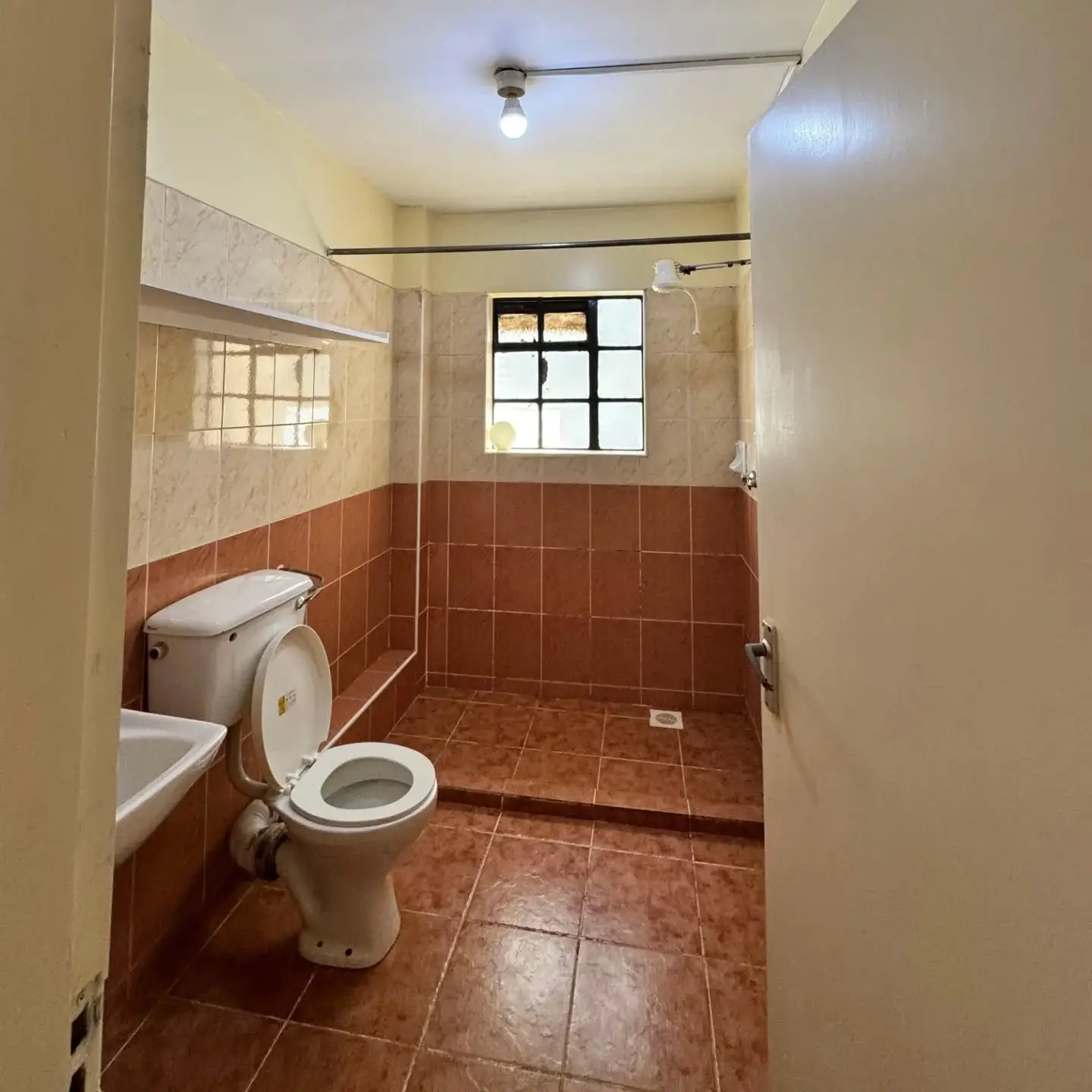 Spacious bathroom with terracotta tiles and natural light