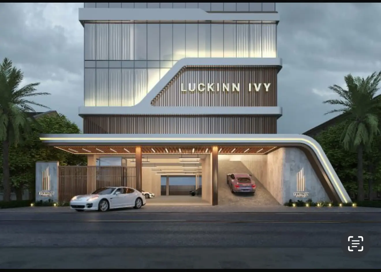 Modern Luckinn Ivy building facade with covered parking entrance