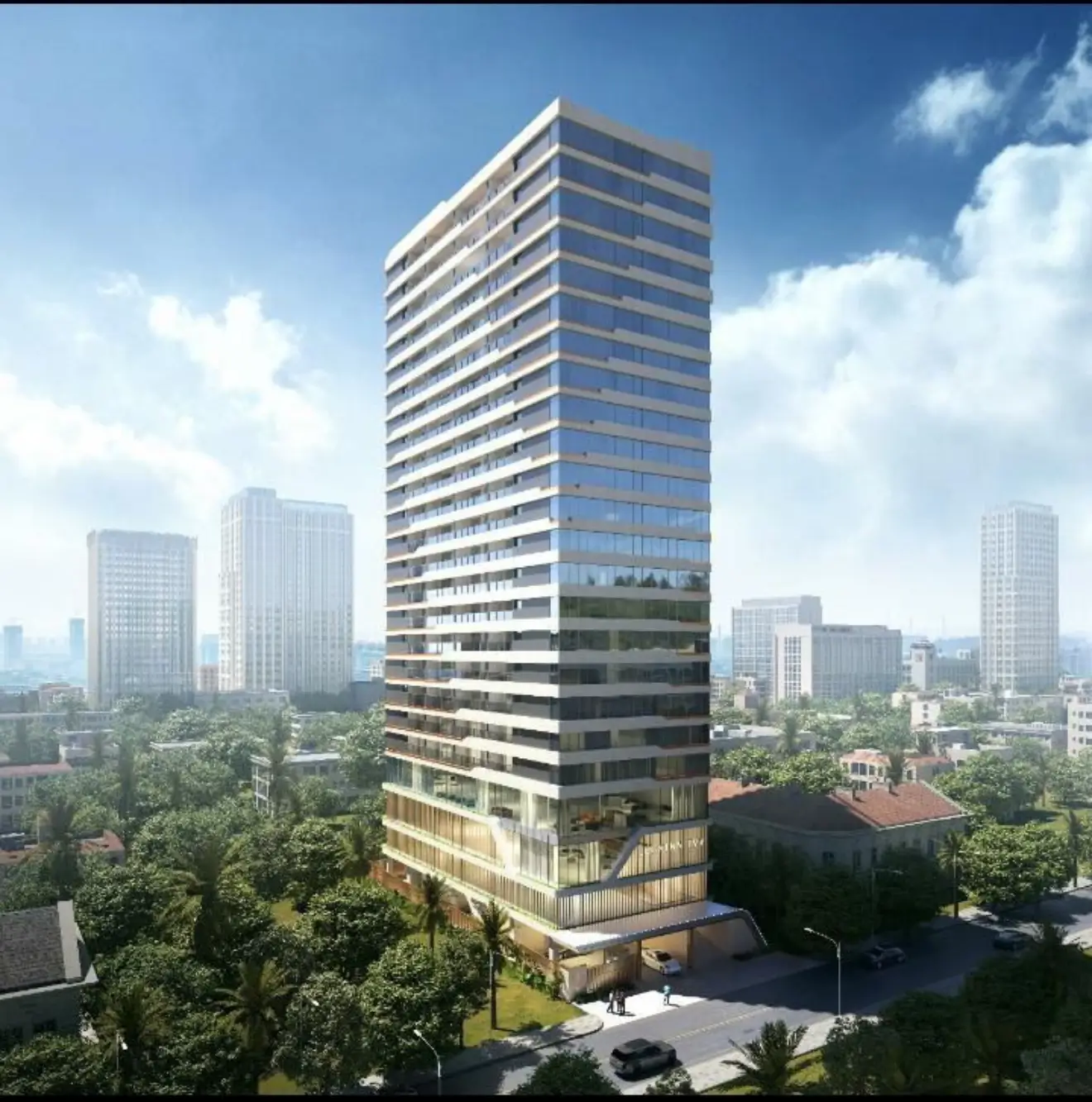 Modern high-rise tower CGI render, urban city backdrop