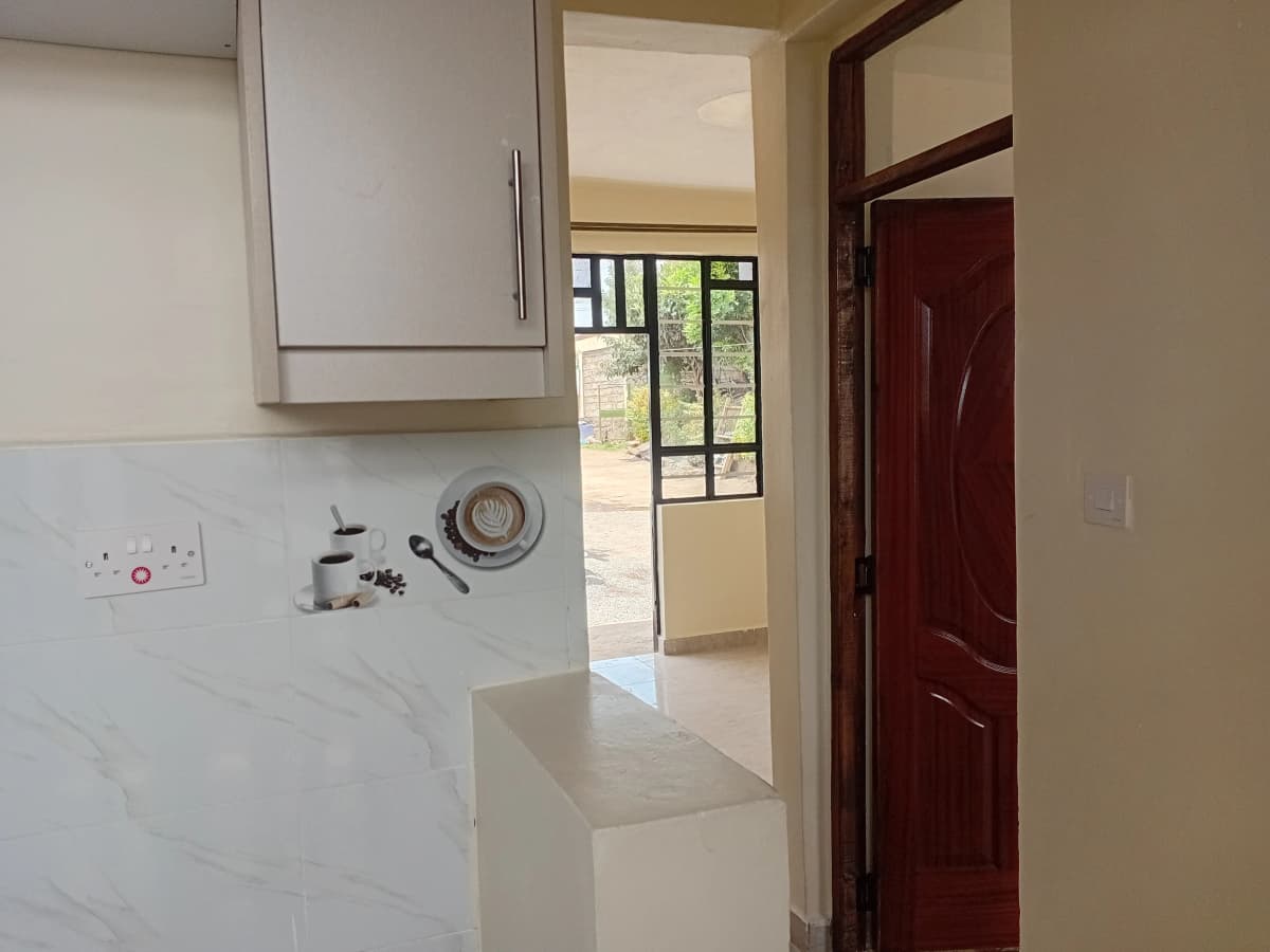 Compact kitchen with white cabinetry and glass door entrance