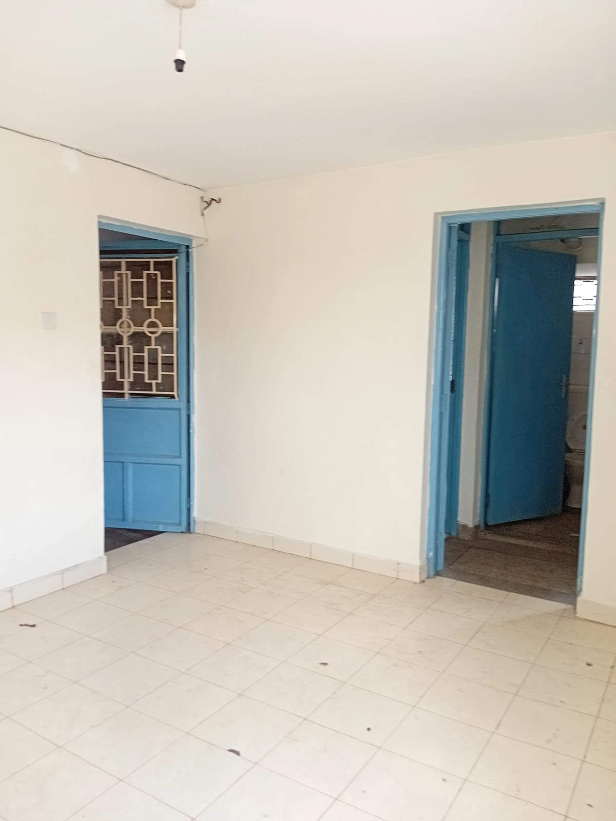 Empty living room with blue-framed doors and tiled flooring