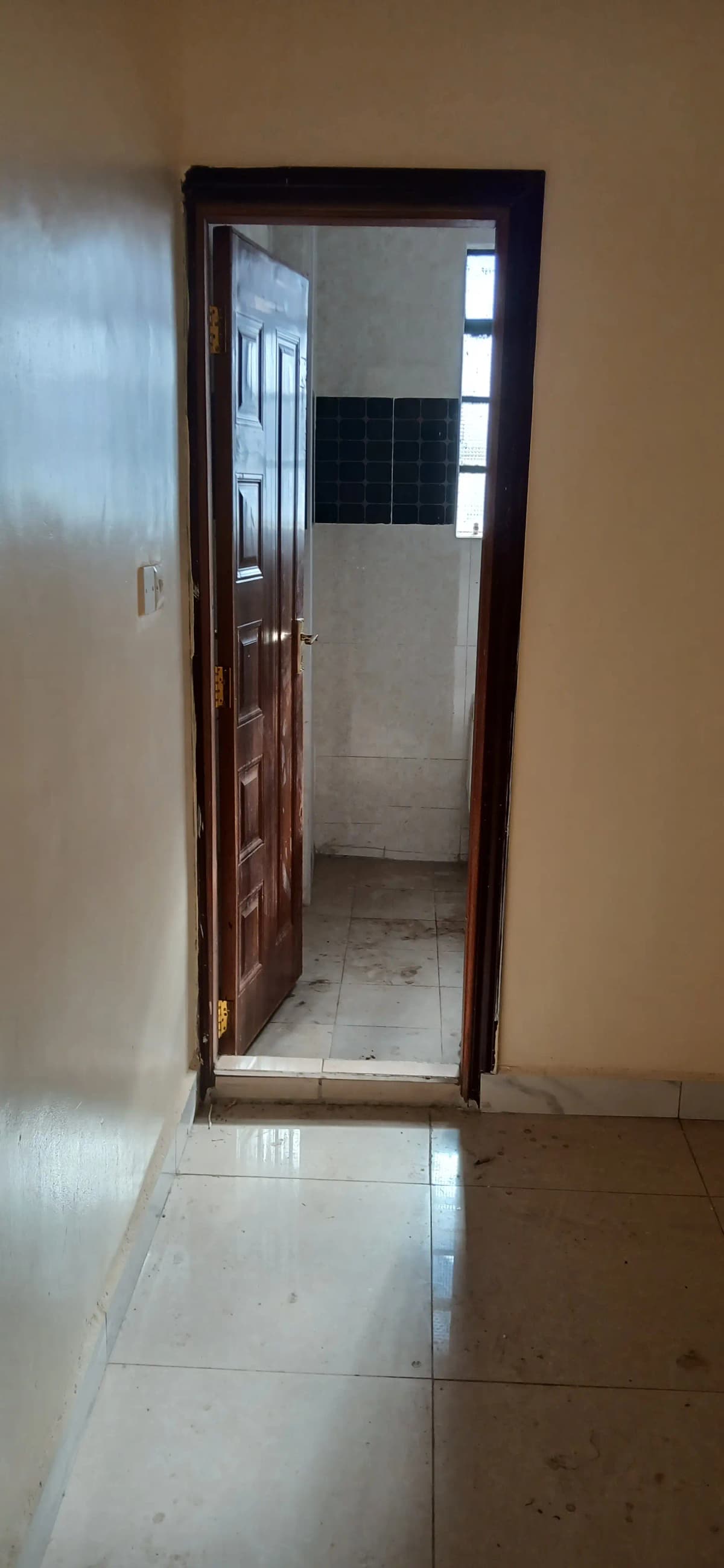 Bathroom entry with tiled floor and dark wood door
