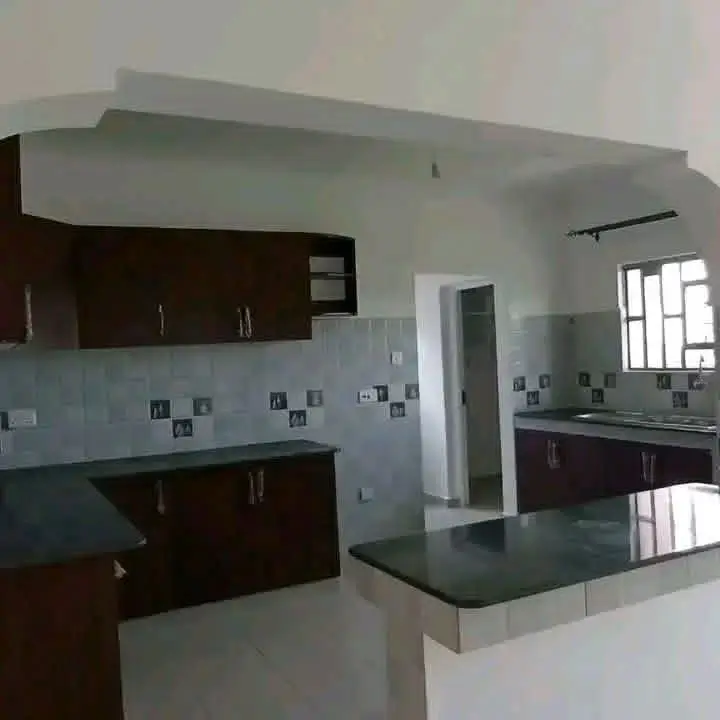 Modern kitchen with dark cabinetry and tiled backsplash