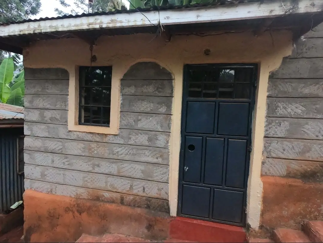 Single-story residential building facade with black door and window