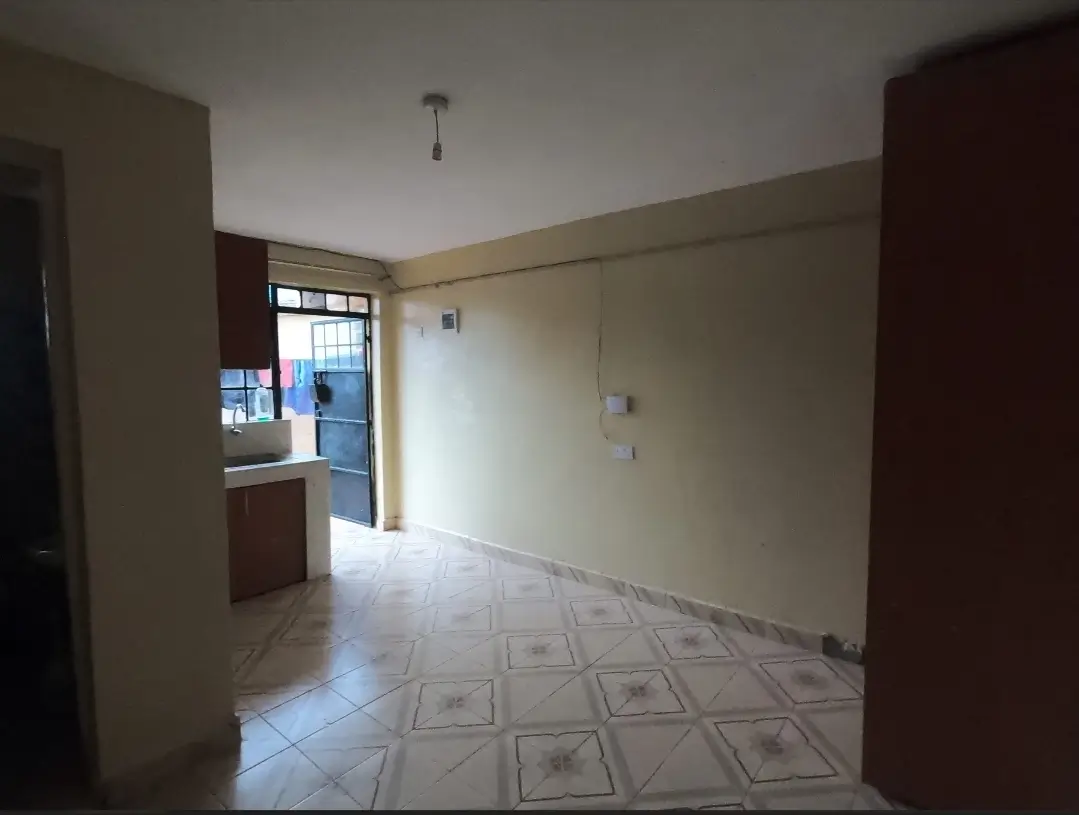 Open-plan living area with kitchen visible through archway
