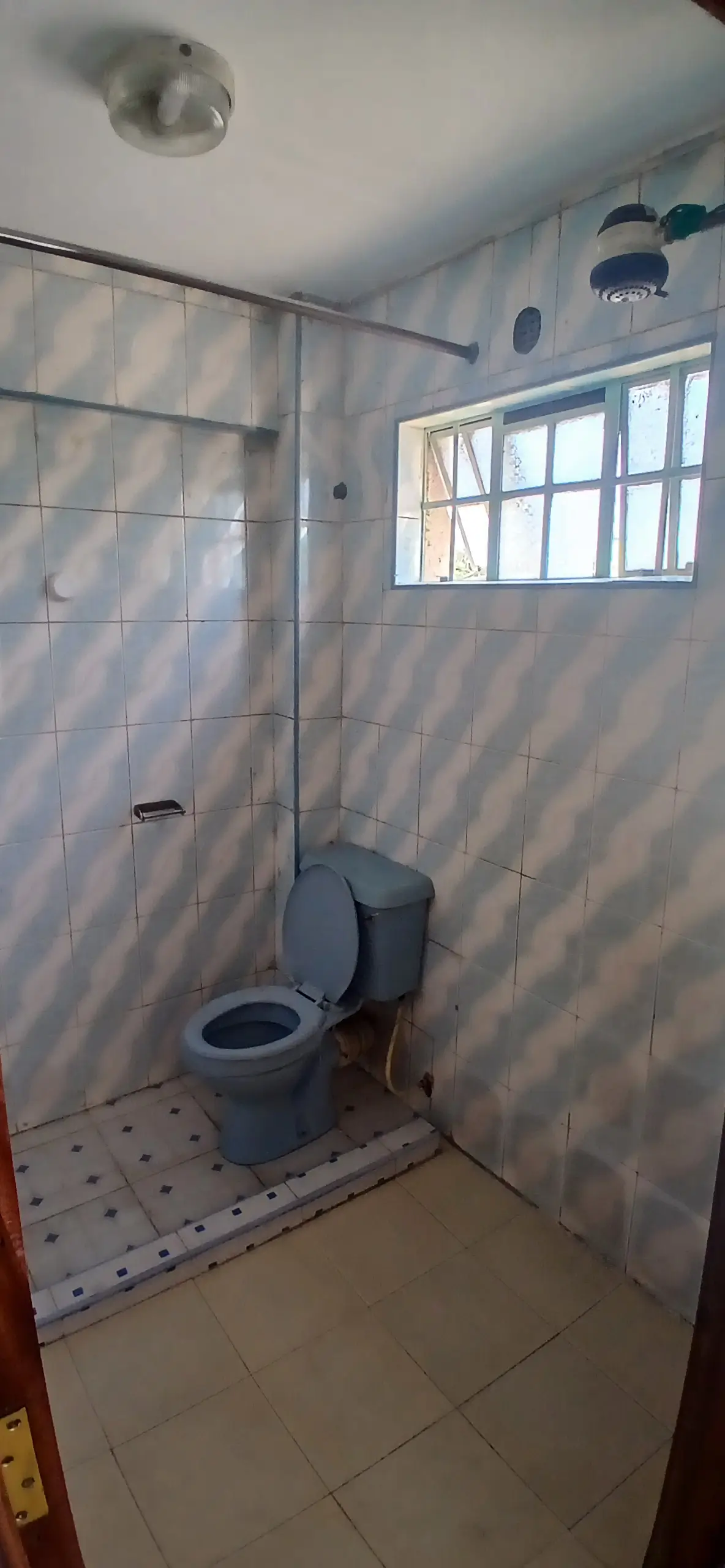 Simple bathroom with toilet, shower enclosure, and window