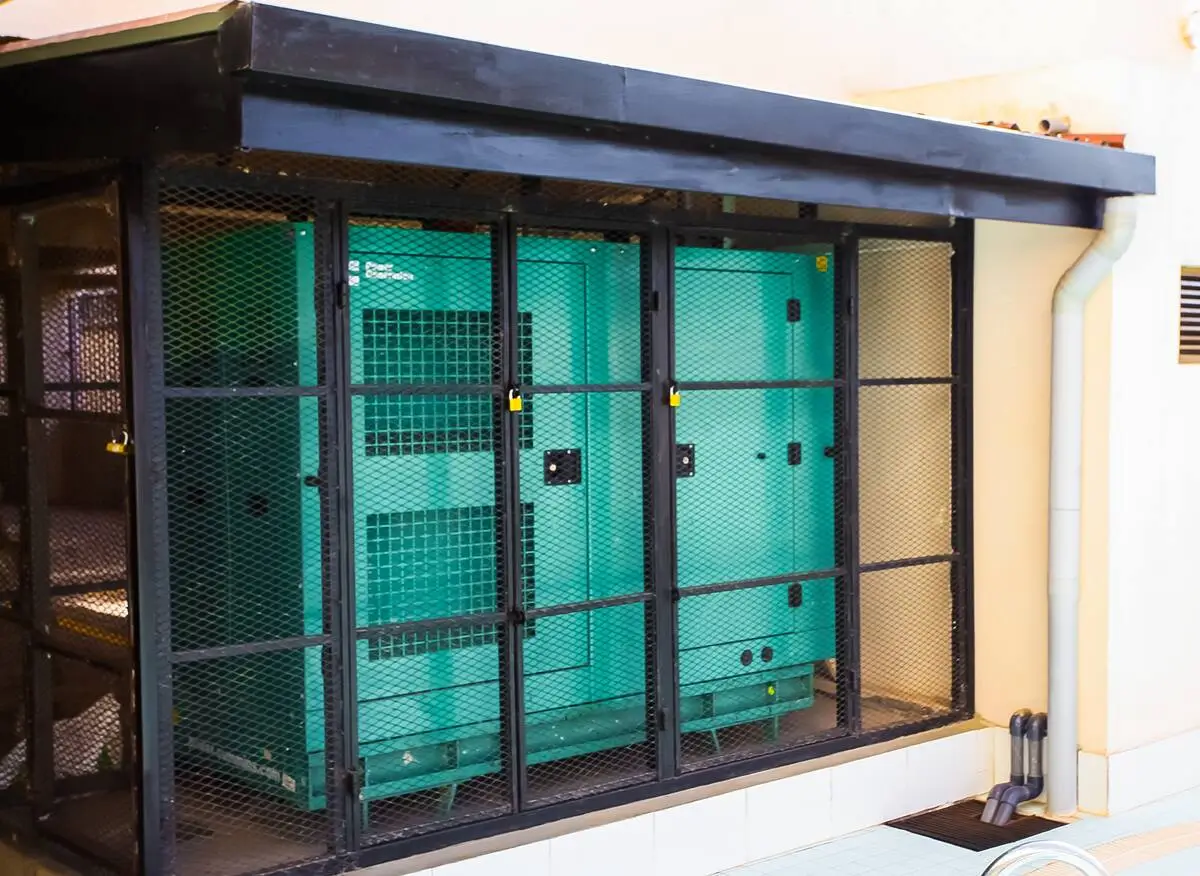 Green mesh-enclosed storage or utility cage structure