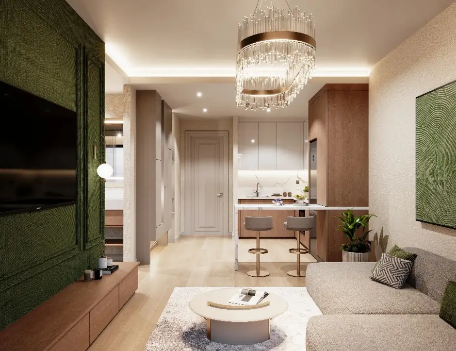 Open-plan living room with chandelier and kitchen bar