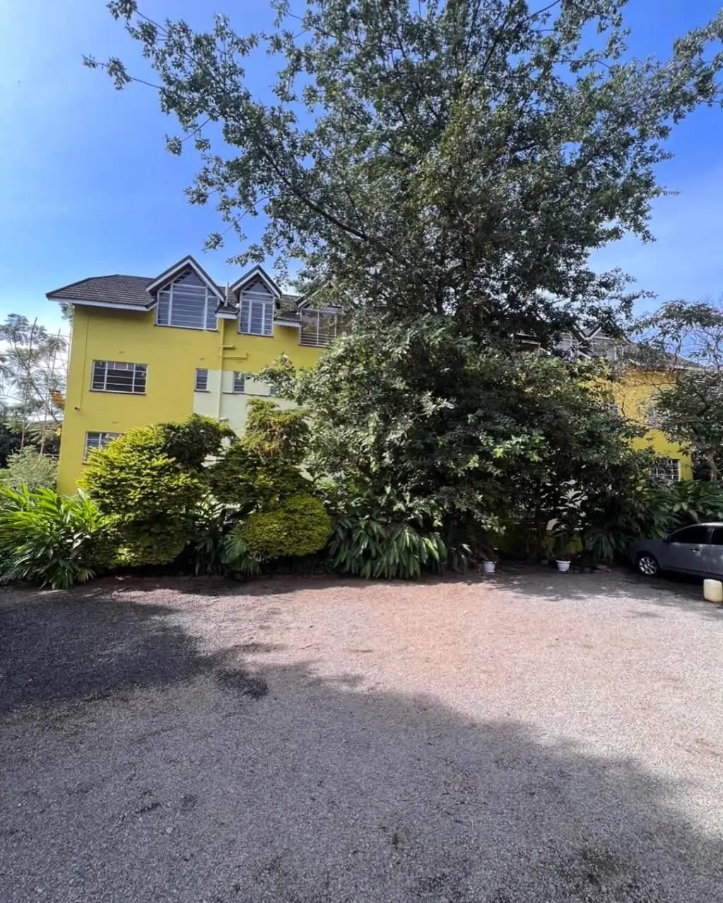 Bright yellow two-story house with mature trees and driveway